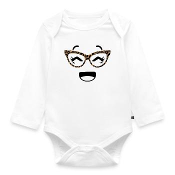 Süßes Gesicht Im Kawaii-Stil mit Leopard Brille - Baby Bio-Langarm-Body - Weiß - Vorne