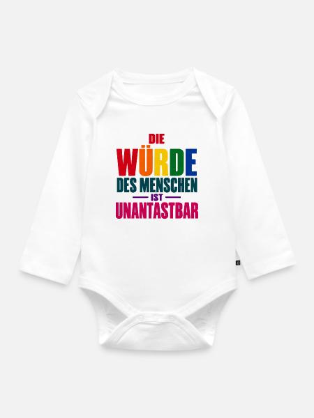 Die Würde des Menschen – Buntes Grundrechte-Motiv - Baby Bio-Langarm-Body - Weiß