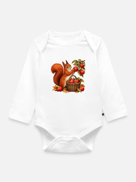 Eichhörnchen bei der Apfelernte - Baby Bio-Langarm-Body - Weiß