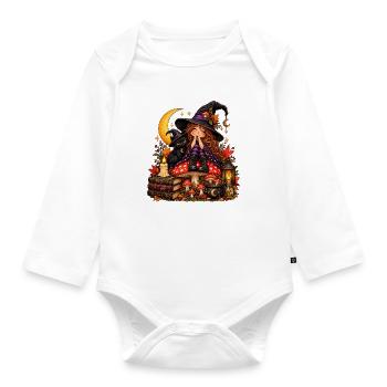 Niedliche Hexe mit schwarzer Katze - Baby Bio-Langarm-Body - Weiß - Vorne