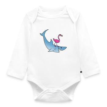 Flamingo shark surfing beach summer cartoon gift - Organic Longsleeve Baby Bodysuit - white - Front