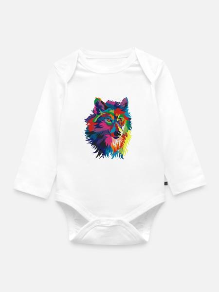 bunter Wolf - Baby Bio-Langarm-Body - Weiß