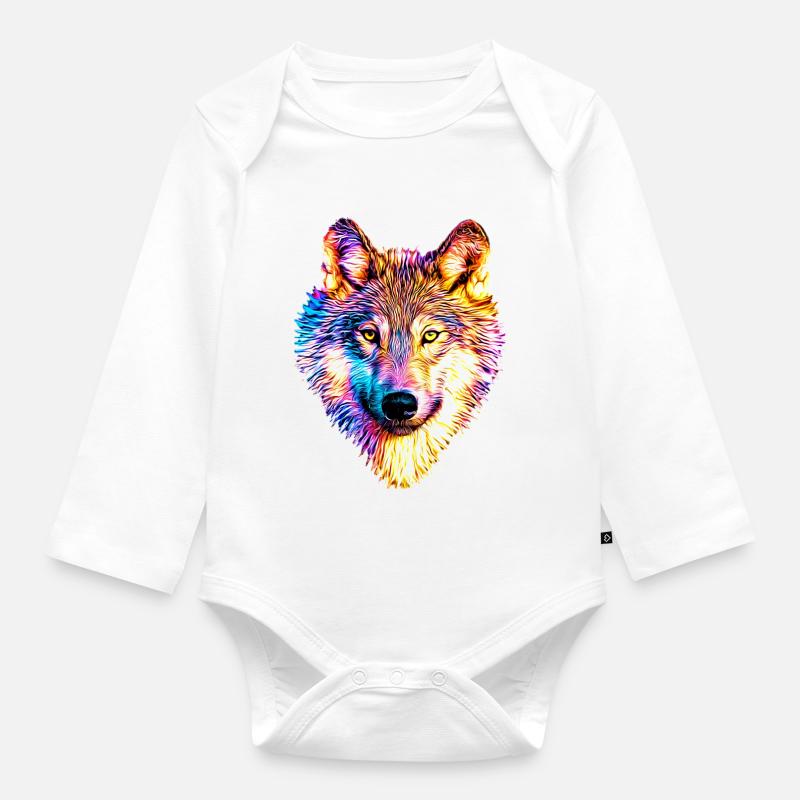 Wolf in Regenbogenflammen - Baby Bio-Langarm-Body - Weiß