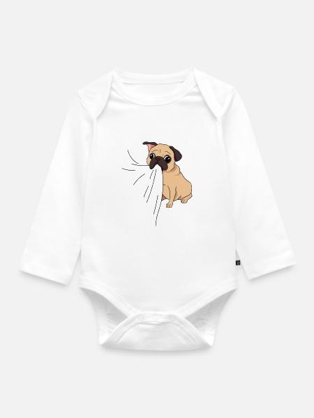 Mops Hund beißt in T-Shirt Hungriger Mops frisst - Baby Bio-Langarm-Body - Weiß