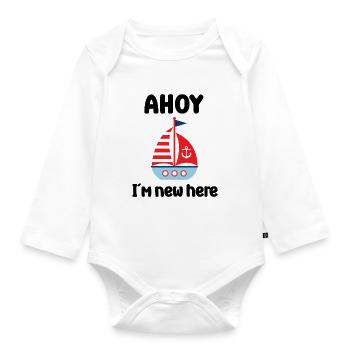 Ahoy am new here birth baby Hamburg anchor - Organic Longsleeve Baby Bodysuit - white - Front