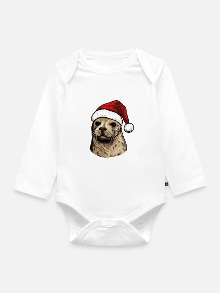 Robbe Seehund Weihnachten Tier Kopf - Baby Bio-Langarm-Body - Weiß