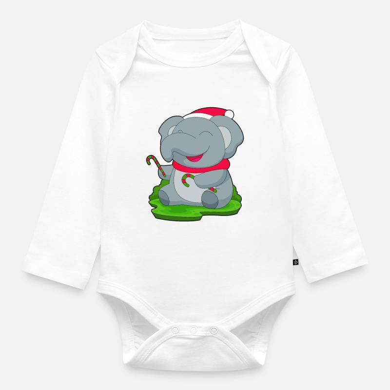 Canne de Noël éléphant - Body Bébé bio manches longues - blanc