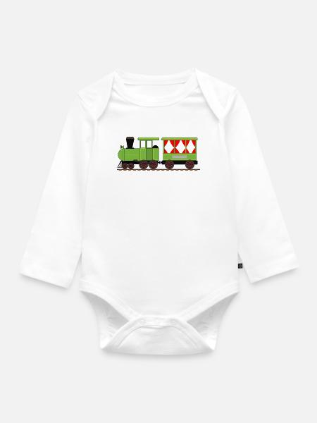 Dampflok Zug Eisenbahn - Baby Bio-Langarm-Body - Weiß