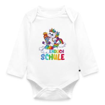 "Endlich Schule!" Einhorn Schulkind mit Zuckertüte - Baby Bio-Langarm-Body - Weiß - Vorne