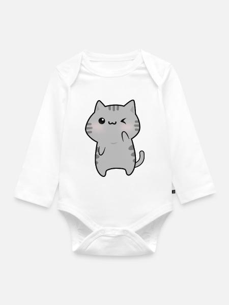 Søt grå katt tegneserie - Ekologisk långärmad babybody - vit