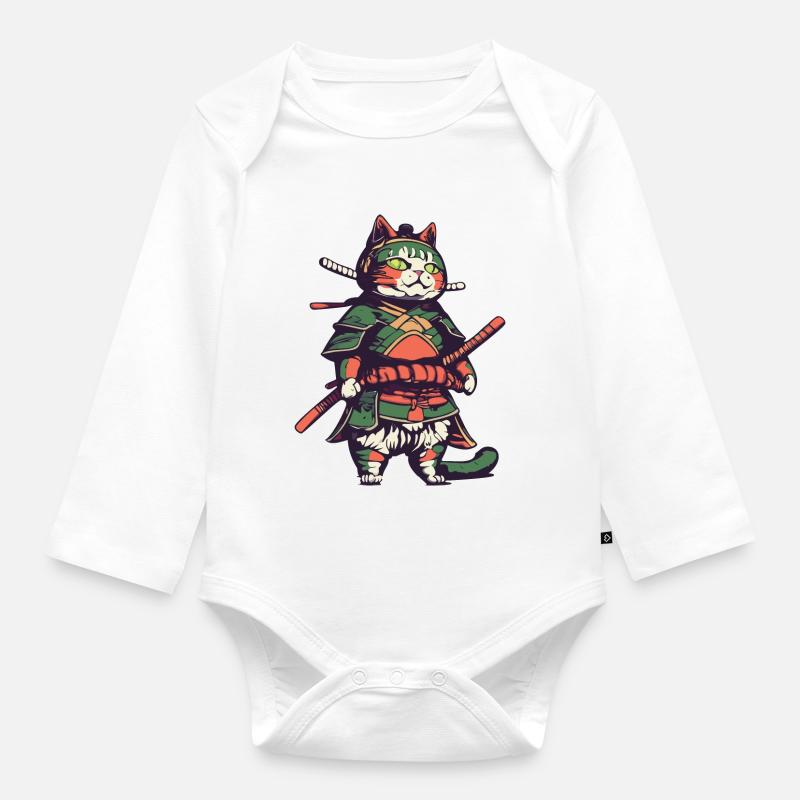 Chat samouraï - Body Bébé bio manches longues - blanc