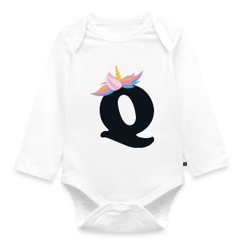 Einhorn-Buchstabe Regenbogenstyle "Q" | be unique - Baby Bio-Langarm-Body - Weiß - Vorne