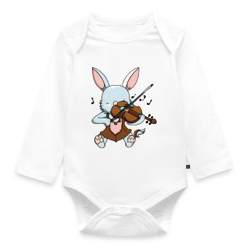 Rabbit plays violin - Organic Longsleeve Baby Bodysuit - white - Front