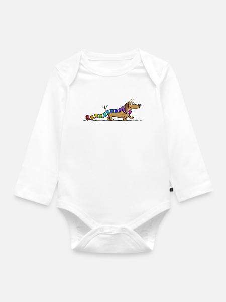 Dackel mit Regenbogen Schal Cartoon Dachshund Hund - Baby Bio-Langarm-Body - Weiß