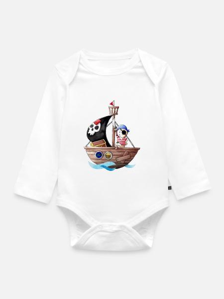 Kleiner Pirat mit seinem Schiff - Baby Bio-Langarm-Body - Weiß