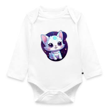 "Kitty Galaxy: Cute Cartoon Floating in Space" - Organic Longsleeve Baby Bodysuit - white - Front
