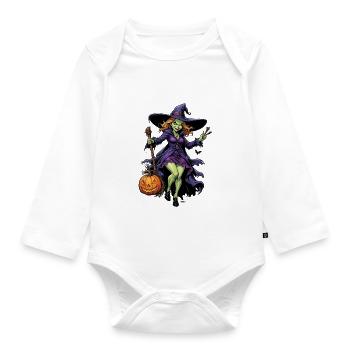 Halloween - Hexe mit Besen Grusel mit Kürbis - Baby Bio-Langarm-Body - Weiß - Vorne