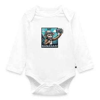 The monkey as a tourist - Organic Longsleeve Baby Bodysuit - white - Front