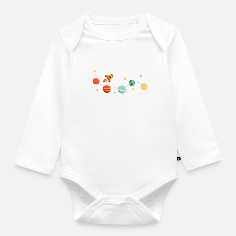 Système solaire Rocket Planet Star Space All - Body Bébé bio manches longues - blanc