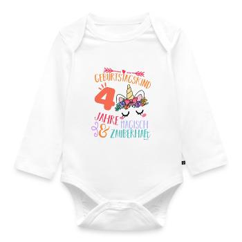 Birthday 4 years Unicorn Four - Organic Longsleeve Baby Bodysuit - white - Front