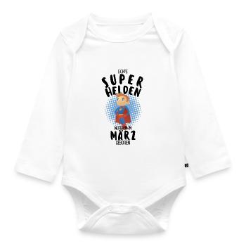 Echte Superhelden wurden im März geboren Junge - Baby Bio-Langarm-Body - Weiß - Vorne