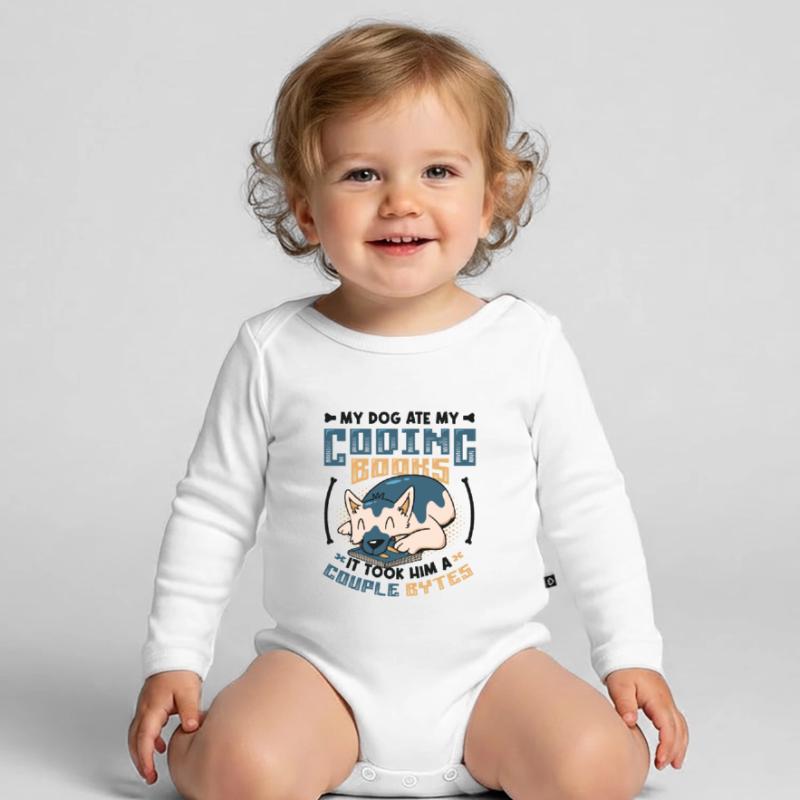 Dog Bytes Code Computer Joke Programming Organic Longsleeve Baby Bodysuit