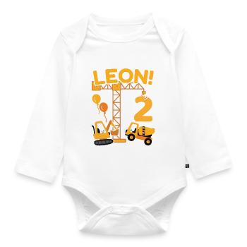 2. Geburtstag Vorname Leon Bagger Deko - Baby Bio-Langarm-Body - Weiß - Vorne