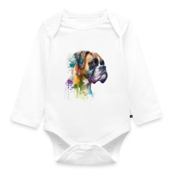 German Boxer Dog Watercolor Design - Organic Longsleeve Baby Bodysuit - white - Front