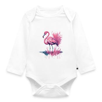 Vibrant Watercolor Flamingo Standing in a water - Organic Longsleeve Baby Bodysuit - white - Front