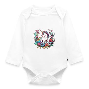 Einhorn und Blumen: Magisches T-Shirt Design - Baby Bio-Langarm-Body - Weiß - Vorne