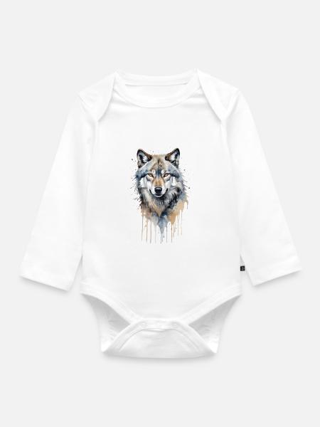 Majestätischer grauer Wolf Aquarell - Baby Bio-Langarm-Body - Weiß