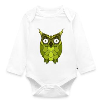 Stylized Green Steampunk Owl - Organic Longsleeve Baby Bodysuit - white - Front