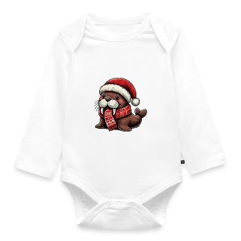 Morse mignon avec chapeau de père Noël et écharpe - Body Bébé bio manches longues - blanc - Devant
