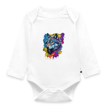 Farbexplosion Wolf Portrait Künstlervision - Baby Bio-Langarm-Body - Weiß - Vorne