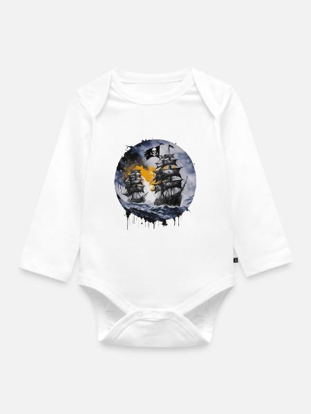 Piratenboot, Piraten, Kapitän, Segelschiff, - Baby Bio-Langarm-Body - Weiß