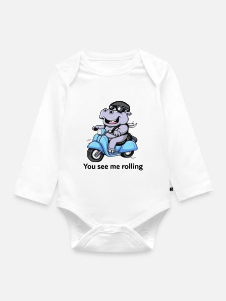 Nilpferd auf Roller - You see me rolling - Baby Bio-Langarm-Body - Weiß