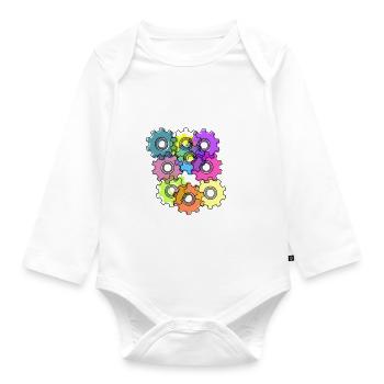 Zahnrad, Zahnräder, Räder, bunt - Baby Bio-Langarm-Body - Weiß - Vorne