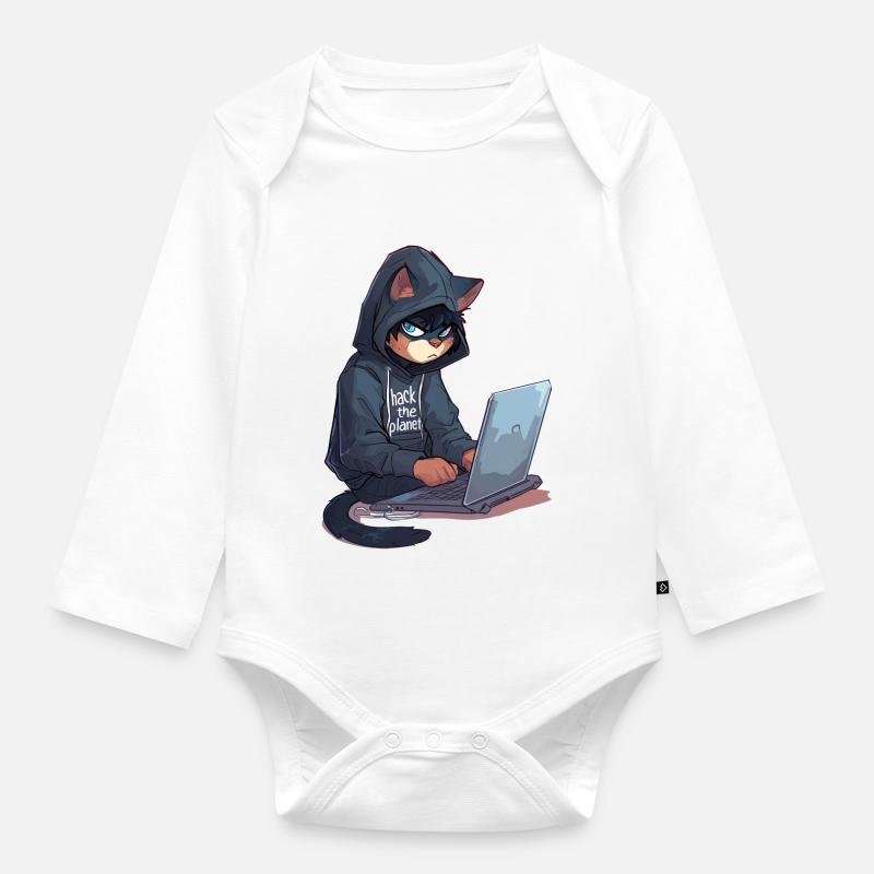 Cyber Hacker Cat Hackerkatze - Baby Bio-Langarm-Body - Weiß