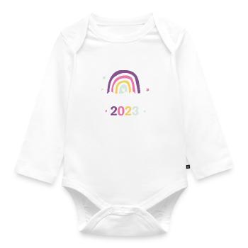 Schulkind 2023 / Ich bin 1. Klasse / Regenbogen - Baby Bio-Langarm-Body - Weiß - Vorne
