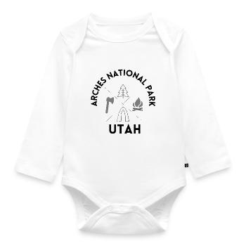 Arches national park Utah with black text - Organic Longsleeve Baby Bodysuit - white - Front