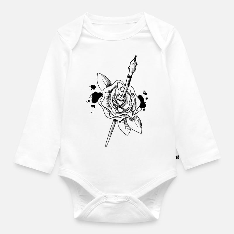 Rose plume - Body Bébé bio manches longues - blanc