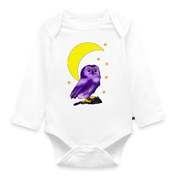 Owl in front of crescent moon - Organic Longsleeve Baby Bodysuit - white - Front