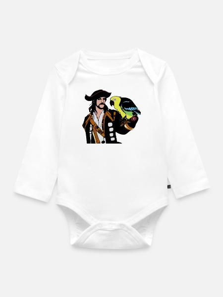 Pirat mit Vogel Papagei Kinderdesign - Baby Bio-Langarm-Body - Weiß