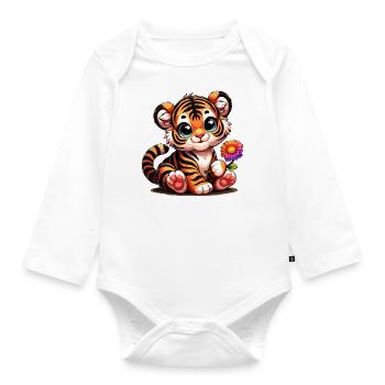 Cute tiger baby with flower in hand - Organic Longsleeve Baby Bodysuit - white - Front