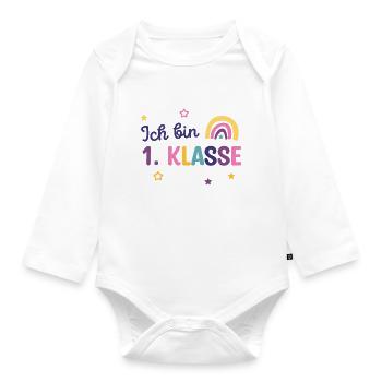 Endlich Schulkind 2023 / Ich bin 1. Klasse - Baby Bio-Langarm-Body - Weiß - Vorne