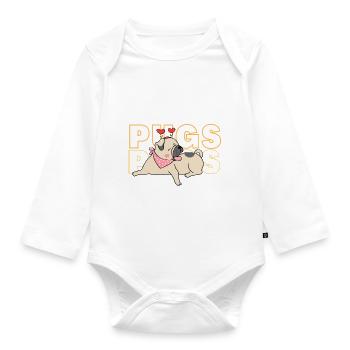 Liegender Mops Pugs & Kisses Herz Design - Baby Bio-Langarm-Body - Weiß - Vorne
