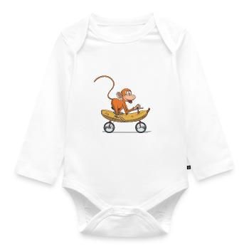 Funny monkey, monkey on bicycle banana - Organic Longsleeve Baby Bodysuit - white - Front