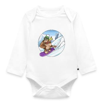 Cute Gorilla While Snowboarding Snow Landscape - Organic Longsleeve Baby Bodysuit - white - Front