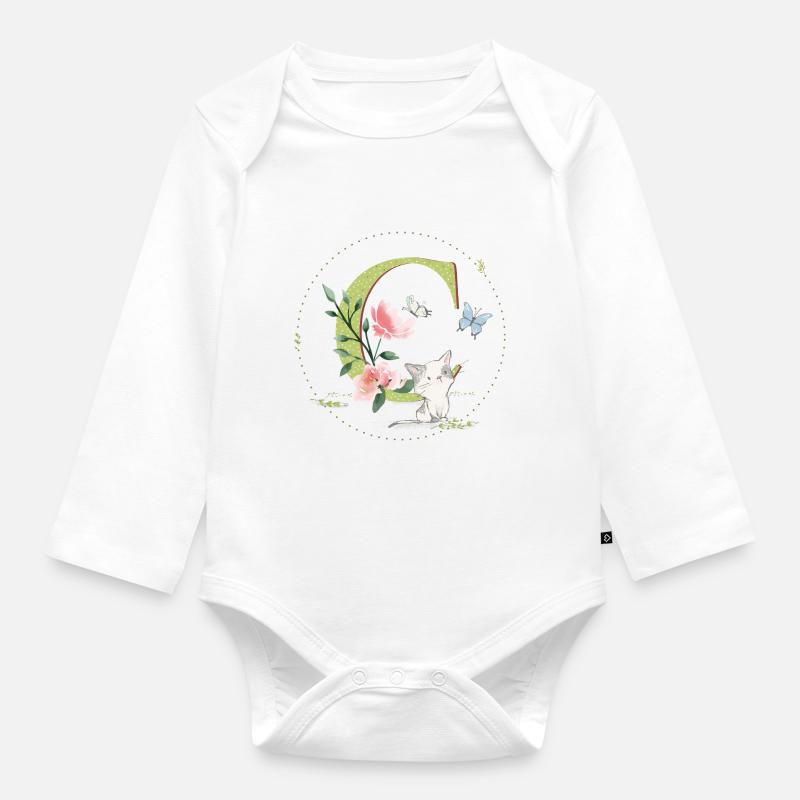 Initial letter C with cat - Organic Longsleeve Baby Bodysuit - white