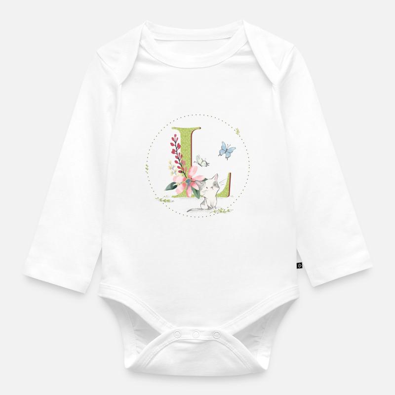 Lettre initiale L avec chat - Body Bébé bio manches longues - blanc